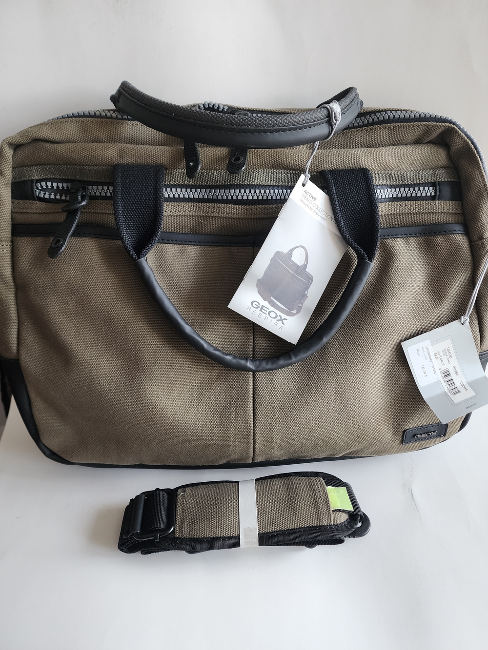 GEOX Men’s Olive Canvas Briefcase Bag, 15" X 11"